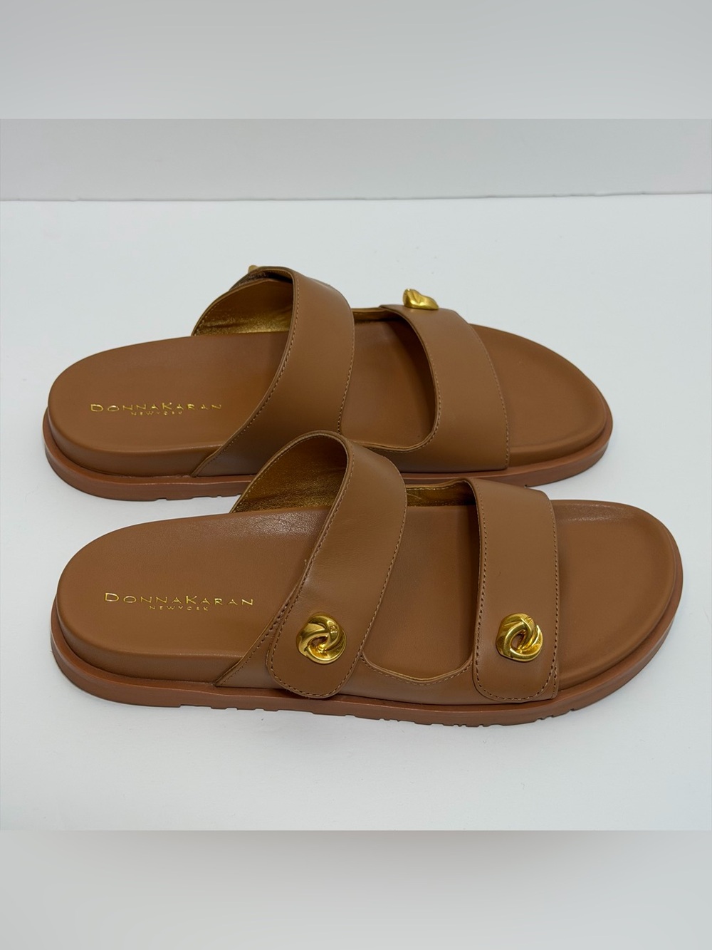 Donna Karan Hazley Cognac Leather Slip-On Sandals Double Strap Gold Accents 9 - Picture 3 of 15